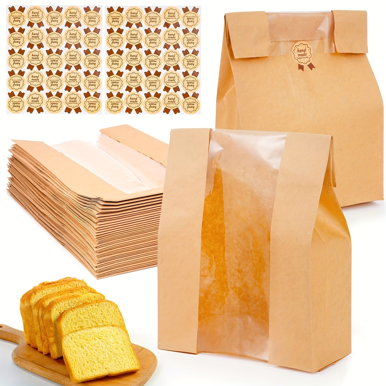 Bread Bags 100pcs Paper with Window 50% Thicker 13.7x8.2x3.7in Sourdough Homemade Bread Bakery Bags for Storage Bread Cookies Snacks with 100 Cute Sealing Stickers