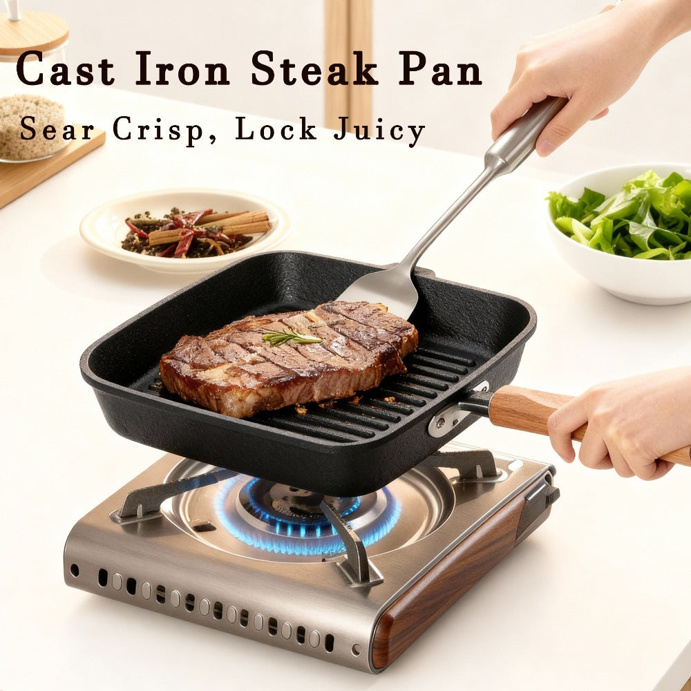Cast Iron Grill Pan with Non-Stick Surface & Striped Design ¨C Thick Wooden Handle Skillet for Steak, Meat, Pancakes & Eggs | Gas Stove, Home & Outdoor Camping Cookware
