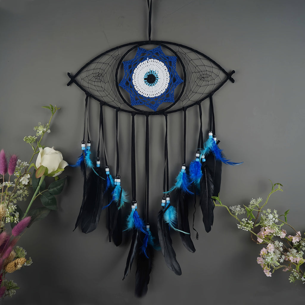 Dream Catcher Wall Decor Evil Eye - Boho Hanging Pendant for Home Protection, Blessing & Good Luck, Handmade Dreamcatcher with Evil Eye Charm