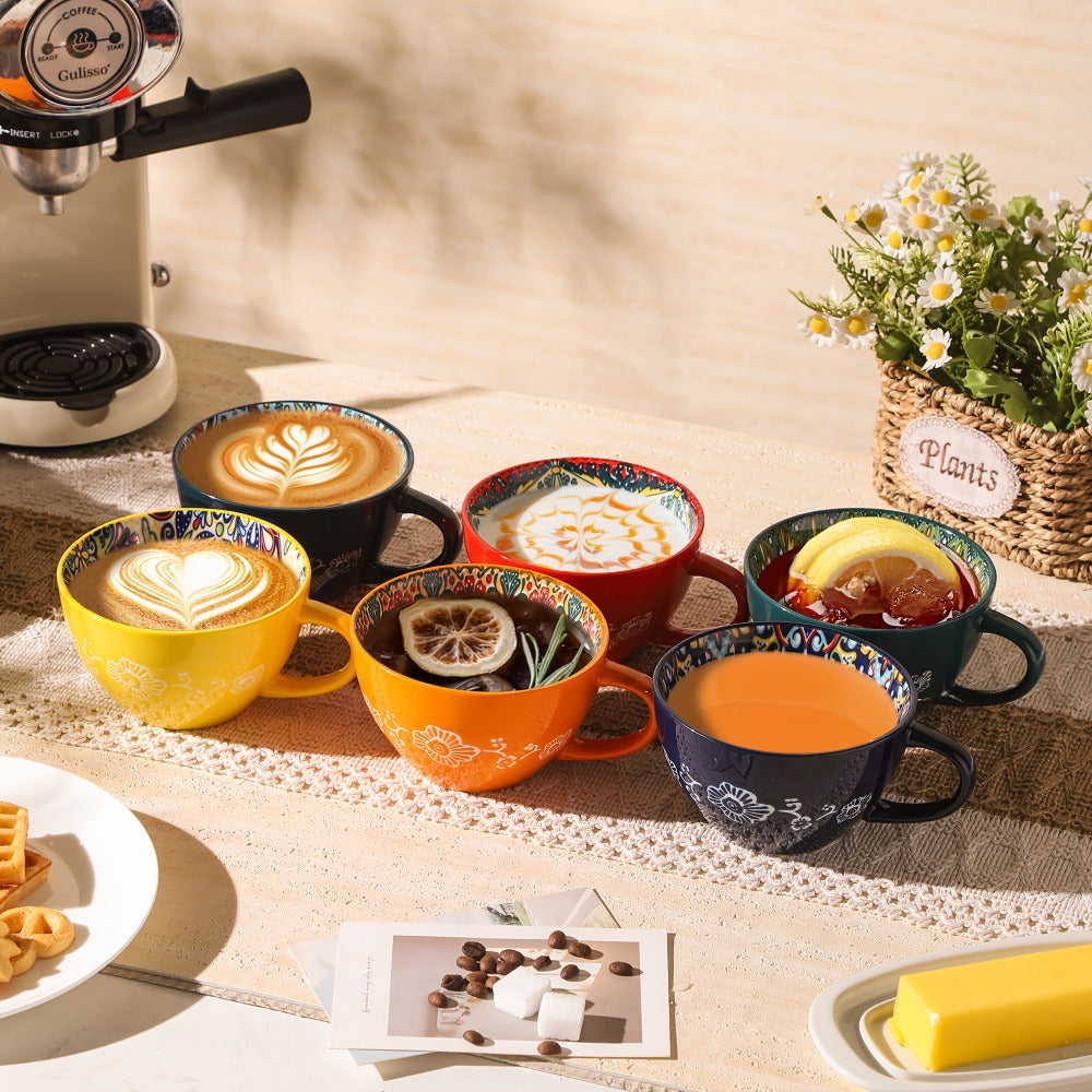 Bohemian Ceramic Coffee Mugs Set of 6 ¨C 15 Oz Large Capacity Breakfast Mug ¨C Microwave Safe for Hot & Cold Drinks ¨C Unique Boho Drinkware Gift for Halloween, Thanksgiving & Christmas