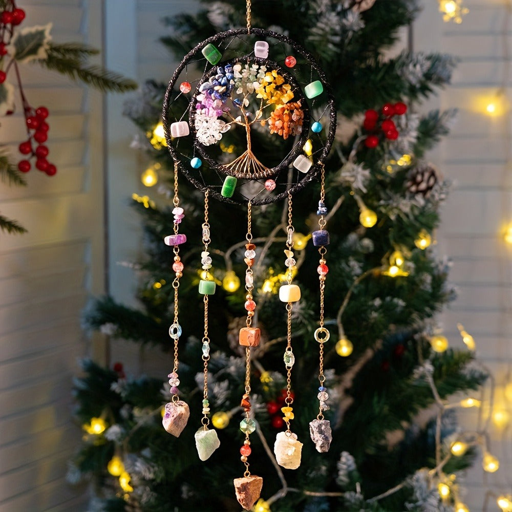Crystal Wind Chime Suncatcher with Life Tree Pendant - Handmade Bohemian Shattered Stone Woven Hanging Decor for Outdoor Garden Window Porch, Christmas Wedding Birthday New Year Gift