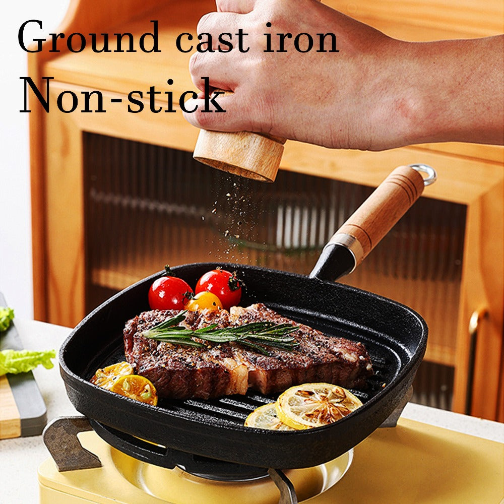 Cast Iron Grill Pan with Non-Stick Surface & Striped Design ¨C Thick Wooden Handle Skillet for Steak, Meat, Pancakes & Eggs | Gas Stove, Home & Outdoor Camping Cookware