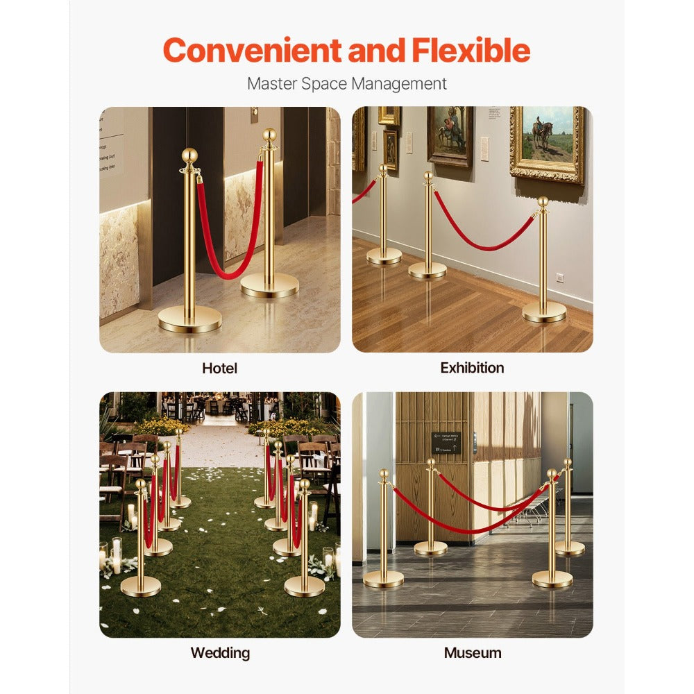 Stanchion Posts with Red Velvet Rope Set - Gold Crowd Control Barrier, 201 Stainless Steel Queue Poles with Sand-Fillable Base & 4-Way Connectors, for Wedding Event Party Museum Hotel, 4/6/8 Pcs