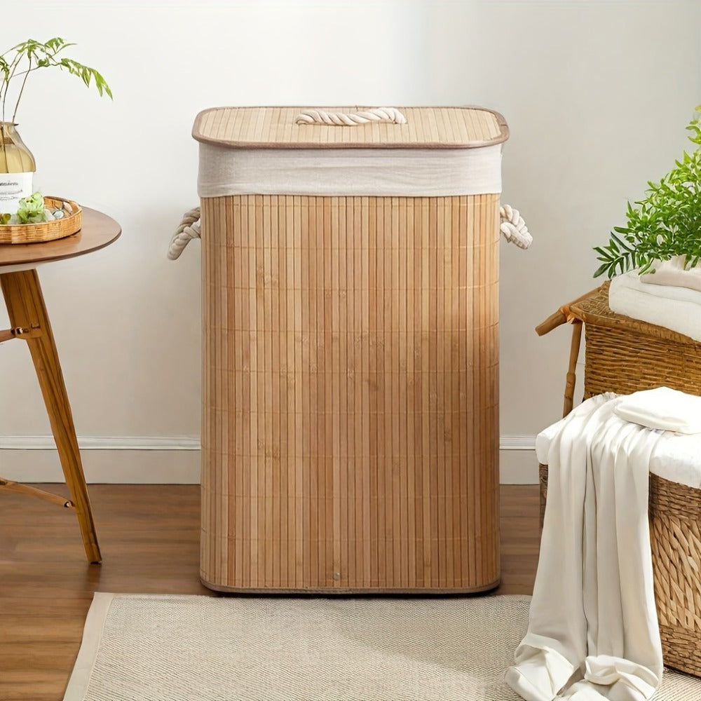 Collapsible Laundry Basket Bamboo Foldable Rattan Clothes Hamper - Space Saving Rectangular Storage Bin for Bedroom, Dorm Room & Bathroom, No Tools Assembly, Upgrade & Standard Models Available