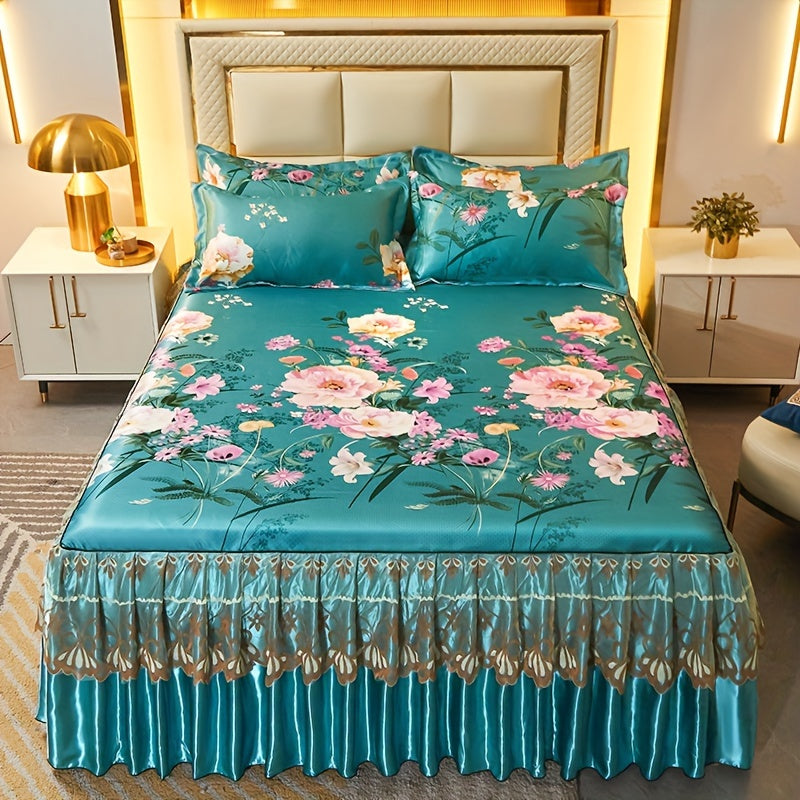 Floral Ruffle Bed Skirt Cool Mat 3 Piece Set with Pillowcase, Double Layer 360¡ã Full Wrap Washable Cooling Mattress Cover, Breathable Summer Bedding Set for Twin Full Queen King, Parisian Romantic Floral
