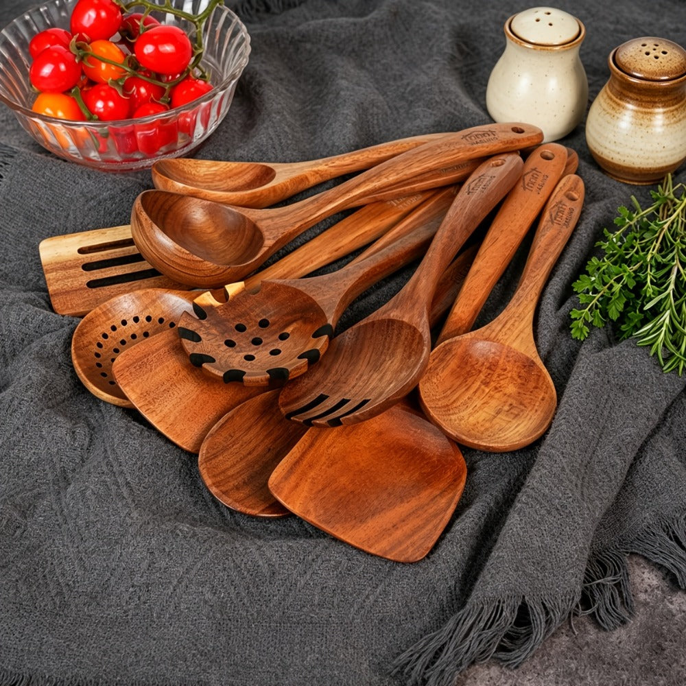 Wooden Spoons for Cooking 10 Pcs ¨C Teak Wood Kitchen Utensils Set, Non-Stick Safe Spatulas & Spoon Cooking Tools