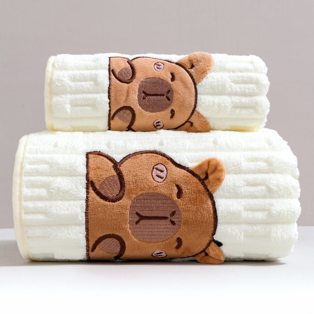 Bath Towel Set 2 Piece Cute Capybara Coral Fleece Super Soft Ultra Absorbent Quick Dry Face Towel and Bath Sheet for Spa Gym Hotel Guest Bathroom