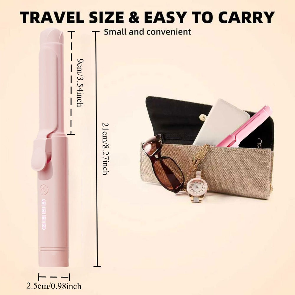 Mini Cordless Curling Iron Portable Ceramic Hair Curler USB Rechargeable 4-Temperature Settings Travel Hair Styling Tool for Curling and Straightening Gift for Women Mom Pink