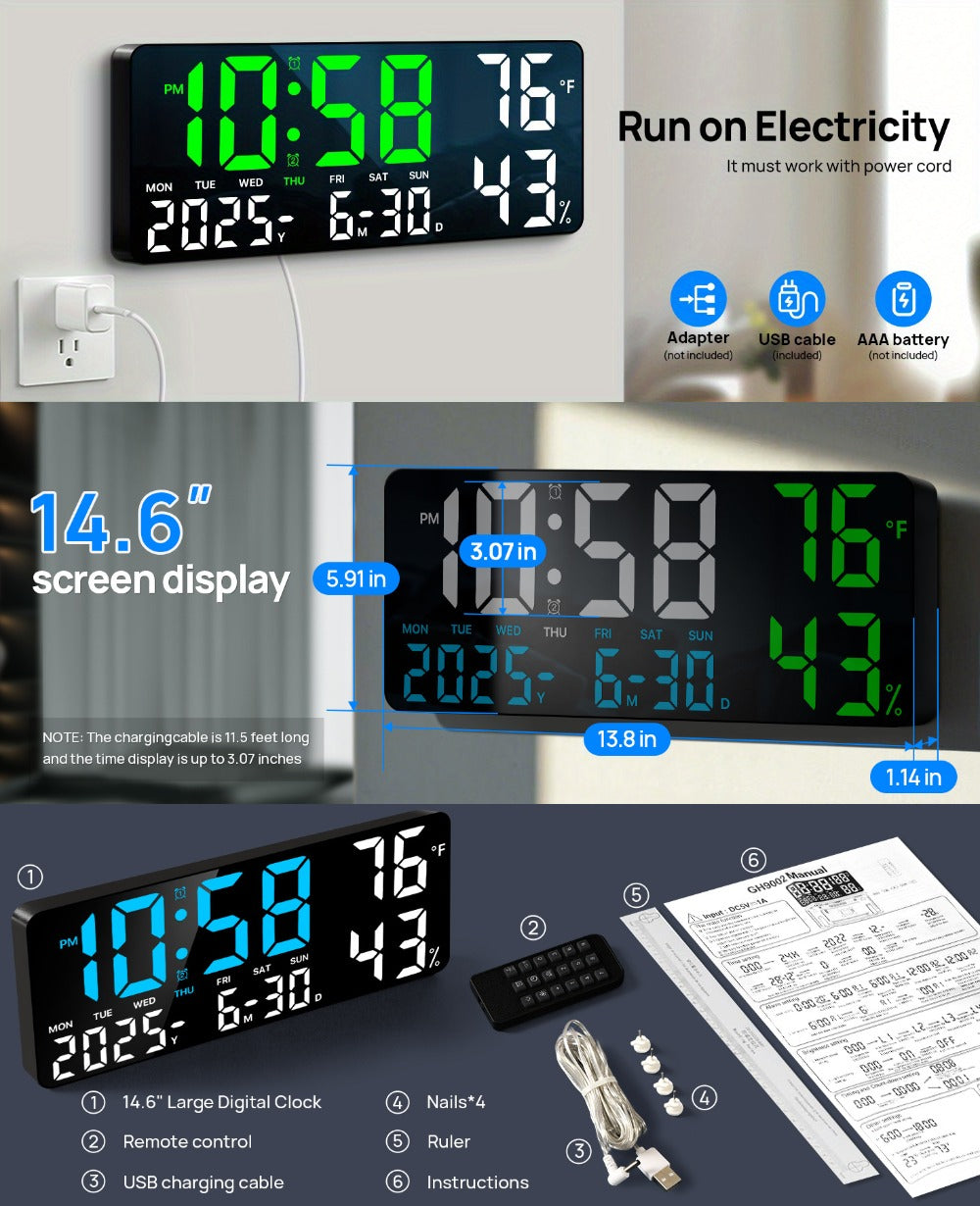 Large Digital Wall Clock with Remote Control ¨C 14.6¡± LED Display Dual Alarm Clock with Night Light, Temperature, Humidity, Date & Week ¨C RGB Color-Changing Bedroom & Living Room Clock Gift for Elderly