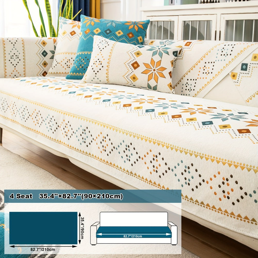 Bohemian Chenille Sofa Cover | Geometric Print Non-Slip Couch Slipcover, Thick Plush Boho Style, 1 to 4 Seat, Armrest & Backrest, Machine Washable, Sectional Sofa Protector