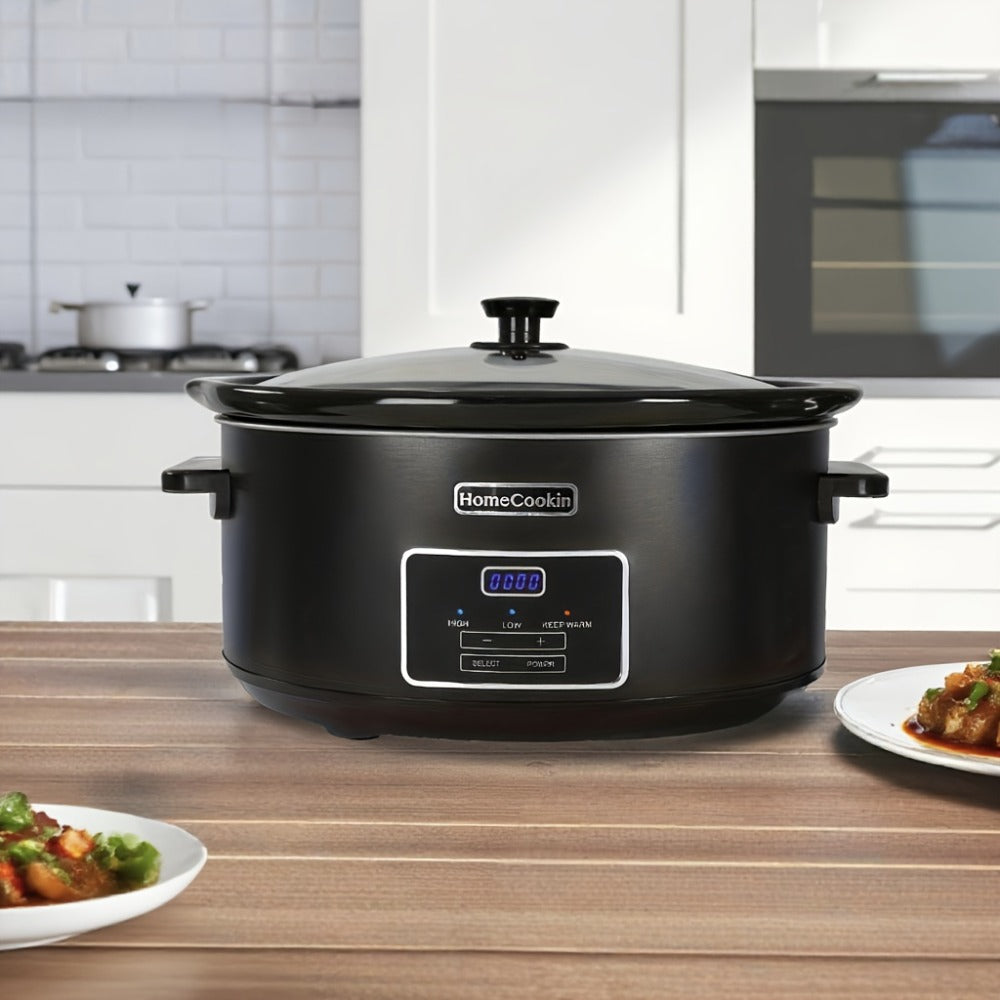 Slow Cooker 7.5 Quart Digital Programmable with Timer Ceramic Pot Stainless Steel Housing 3 Heat Settings Low High Keep Warm Large Capacity for Family Dinners Holiday Feasts Serves 10 Plus People