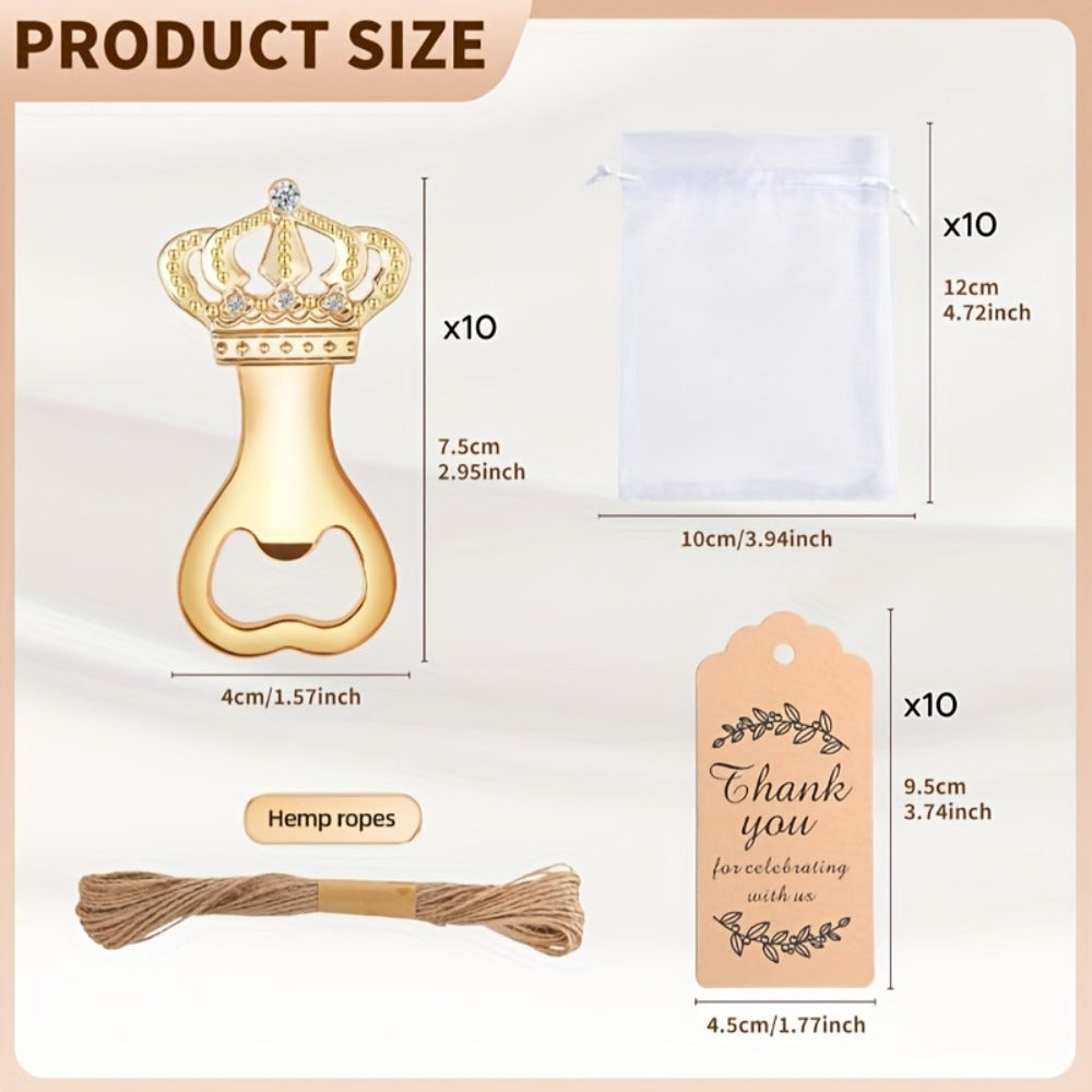 Crown Bottle Opener Wedding Favors 10 Sets 31pcs - Rose Gold Party Gift for Guests with Organza Bag Thank You Tag Twine for Bridal Shower Birthday Baby Shower Bar Kitchen