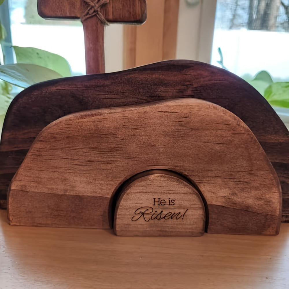 Easter Cross Decoration Wood He Is Risen Wooden Tomb Easter Resurrection Scene for Tray, Tabletop & Shelf ¨C Religious Nativity Decor for Home & Office
