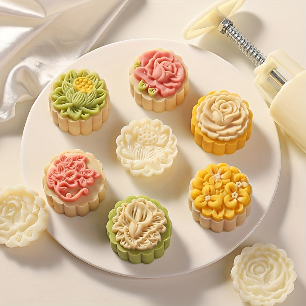 Mooncake Mold 7pcs Set, 50g Hand Press Moon Cake Maker with 6 Flower Pattern Stamps, Mid-Autumn Festival Cookie Stamp Pastry Tool, Plastic Mooncake Press Mold for DIY Baking