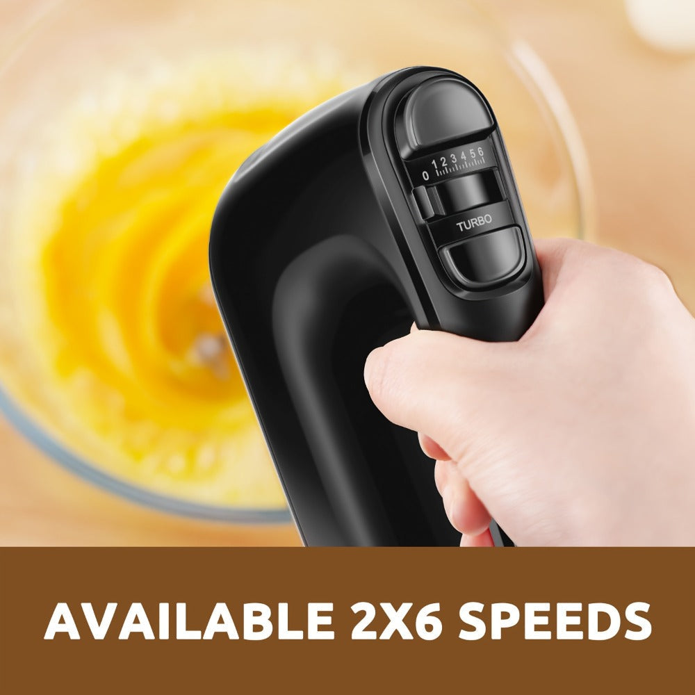 Electric Hand Mixer 250W 6-Speed Turbo - Heavy Duty Motor with 5 Stainless Steel Attachments, Snap-On Storage Case, for Whipping, Mixing Cookies, Cakes & Dough, Black, Blue or Silver