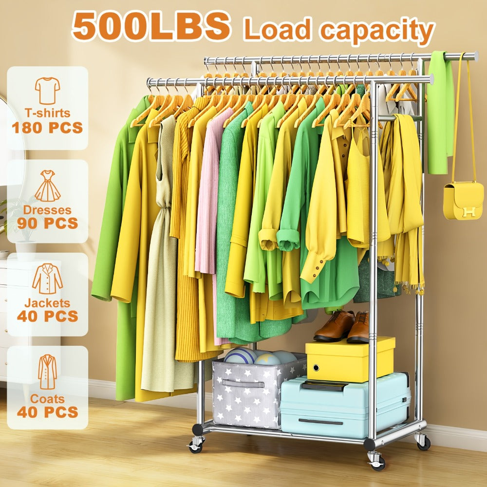 Portable Clothes Rack with Wheels ¨C Heavy Duty Double Rod Garment Rack with Shelves & Hooks | Metal Rolling Clothing Rack for Hanging Clothes | Multi-Functional Closet Rack for Bedroom & Laundry Room