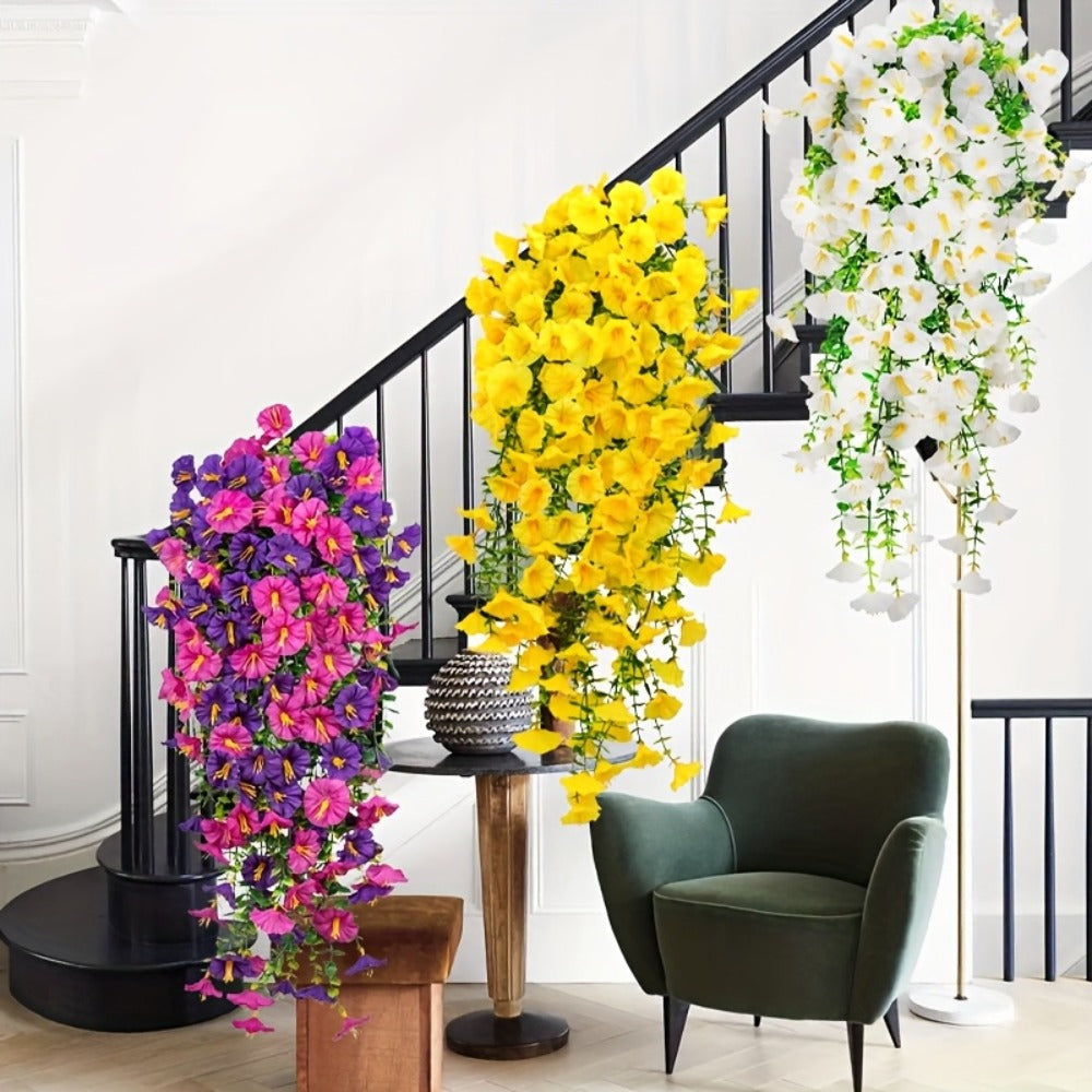 Artificial Flowers Outdoor UV Resistant 4 Bundles Hanging Morning Glory Fake Flowers for Porch Window Box Garden Home Decor Thanksgiving Christmas