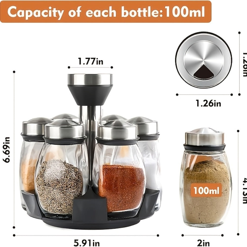 Glass Spice Jar Set with Rotating Rack ¨C Airtight Kitchen Spice Organizer with 360¡ã Stainless Steel Stand ¨C Food Grade Glass Seasoning Bottles for Pantry, Cabinet & Countertop Storage ¨C 6 or 12 Piece