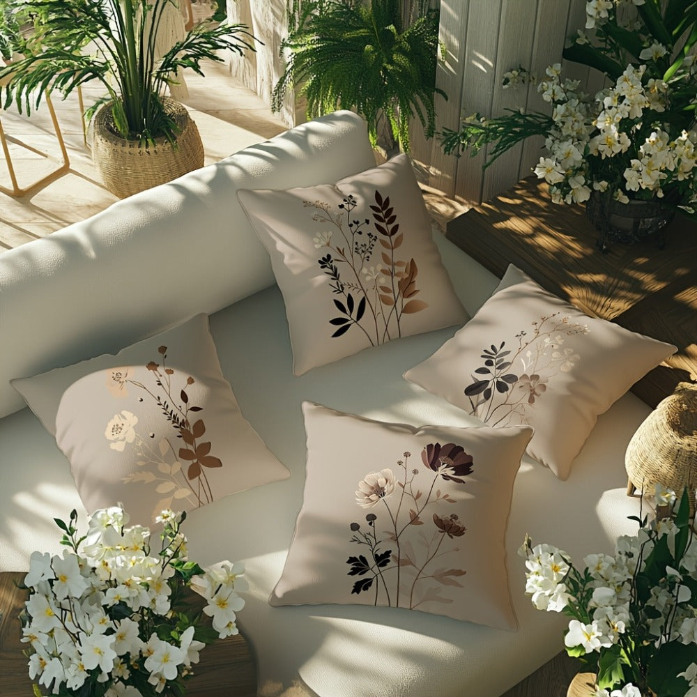 Throw Pillow Covers 18x18 Set of 4 - Floral Botanical Square Cushion Cases Beige Brown Gray | Zipper Closure Machine Washable Decorative Pillows for Living Room Bedroom Sofa Couch Contemporary Decor