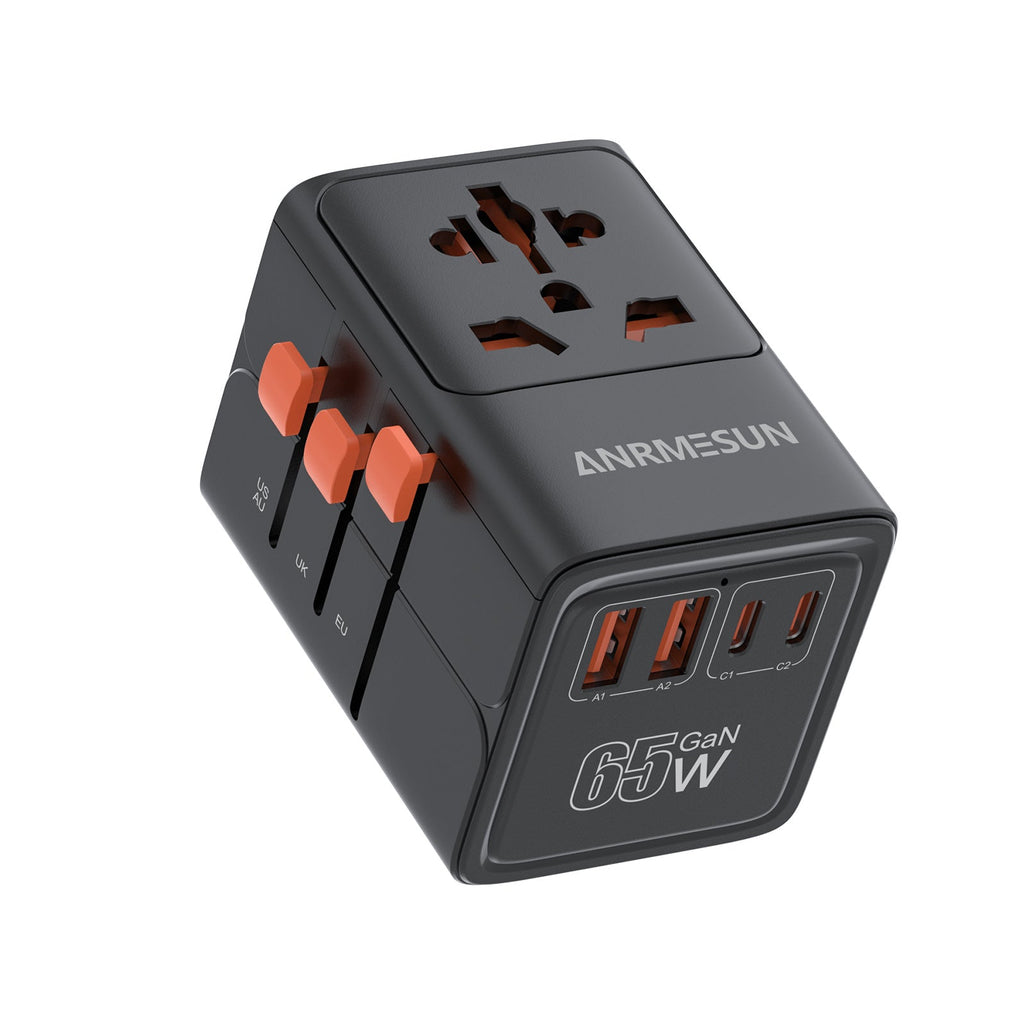 65W Universal Travel Adapter with 4 USB Ports - 2 USB-C & 2 USB-A Fast Charging, US EU UK AU Plugs, 100-240V Input, Overload & Short Circuit Protection, 200+ Countries, White & Black