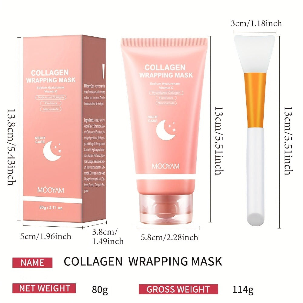 Collagen Night Mask Korean Skincare ¨C Gel Face Mask with Applicator Brush, Hydrolyzed Collagen, Niacinamide, Vitamin C & Hyaluronate for Hydration & Plumping, Paraben-Free, 80g (MOOYAM)