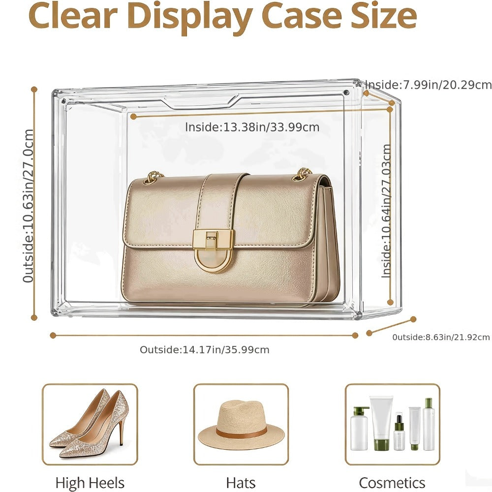 Clear Purse Organizer for Closet ¨C Transparent Acrylic Handbag Display Case with Magnetic Door, Dustproof Stackable Storage Box for Purses, Bags, Collectibles & Cosmetics, Set of 3