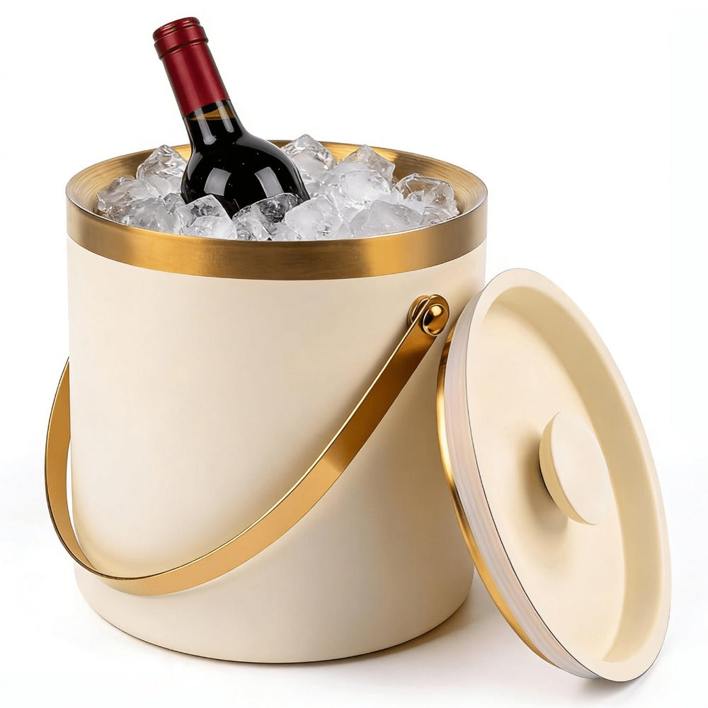 Stainless Steel Ice Bucket with Lid 44oz, 3-Layer Vacuum Insulated Large Ice Bucket with Ice Spoon & Drain, Mirror Finish, for Party Bar Picnic, White