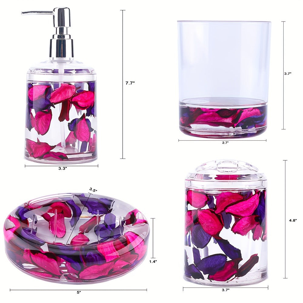 Bathroom Accessory Set 4-Piece 3D Floating Motion Acrylic Liquid Vanity Kit - Tumbler, Toothbrush Holder, Soap Dispenser & Soap Dish, Handcrafted Shell & Leaf Decor, Ocean Dolphin Conch Leaf Styles