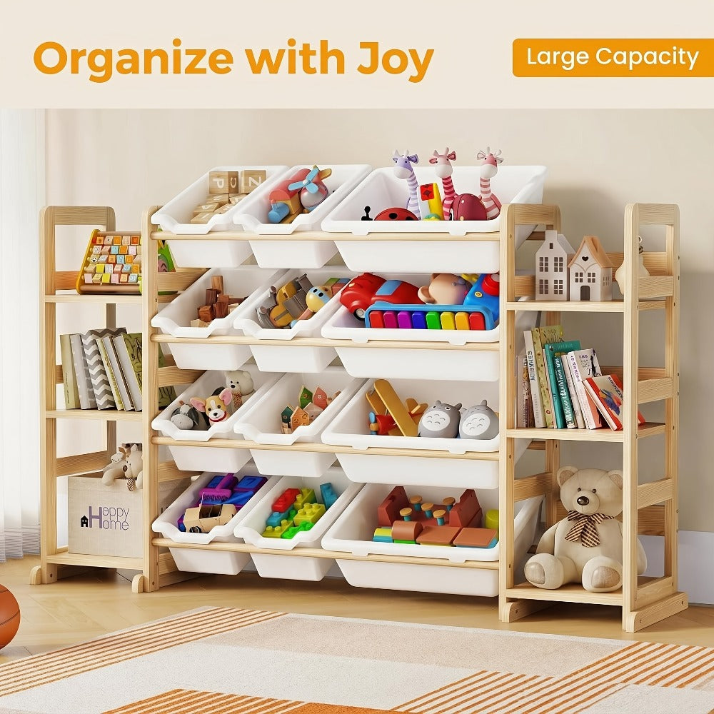 Kids Storage Organizer with 12 Bins and Bookshelf - Wooden Toy Chest Cubby Unit for Playroom Bedroom, Large Capacity Shelf for Books Stuffed Animals Toys, Easy Assembly Natural Wood Furniture 52x31.7 Inch
