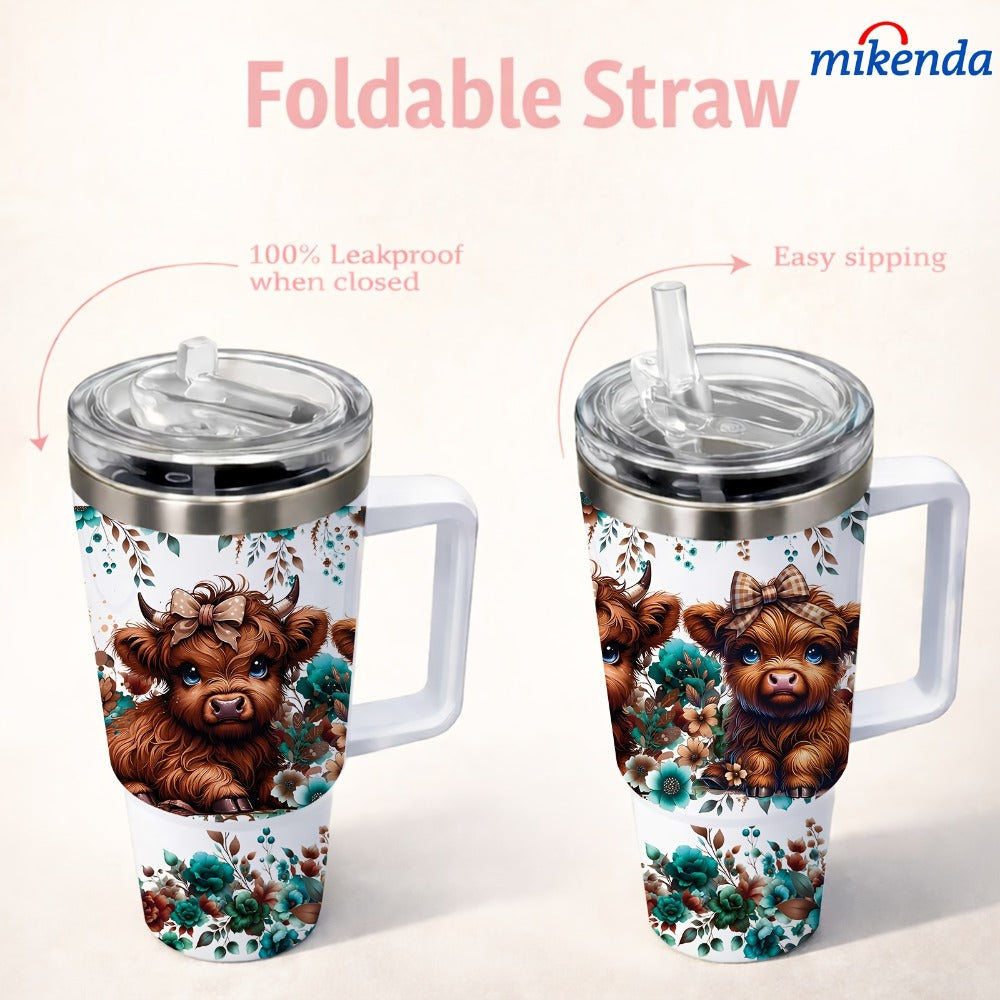 Highland Cow Insulated Tumbler Mug 40oz 16oz | Stainless Steel Vacuum Insulated | 24H Cold 12H Hot | Floral Teal Design | Gift