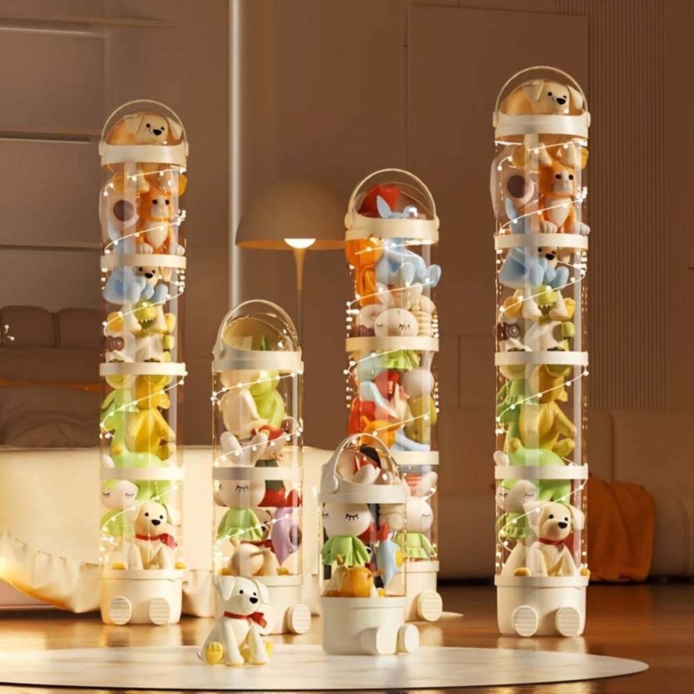 Transparent Toy Storage Bin 4-Layer Cylindrical Organizer for Stuffed Animals Dolls Plush Figurines - Dustproof Clear Display Bucket Easy Assembly for Kids Bedroom Living Room Playroom