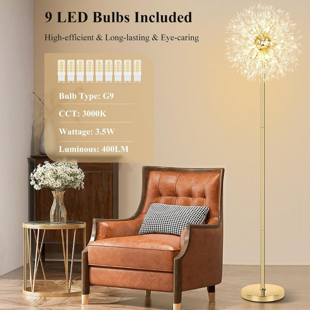 Crystal Floor Lamp Living Room 69 Inch Modern Standing Lamp ¨C 738pcs K9 Crystals, 9 LED Bulbs, Antique Brass & Gold Finish, Tall Pole Light for Bedroom, Office & Mid Century Glam Decor