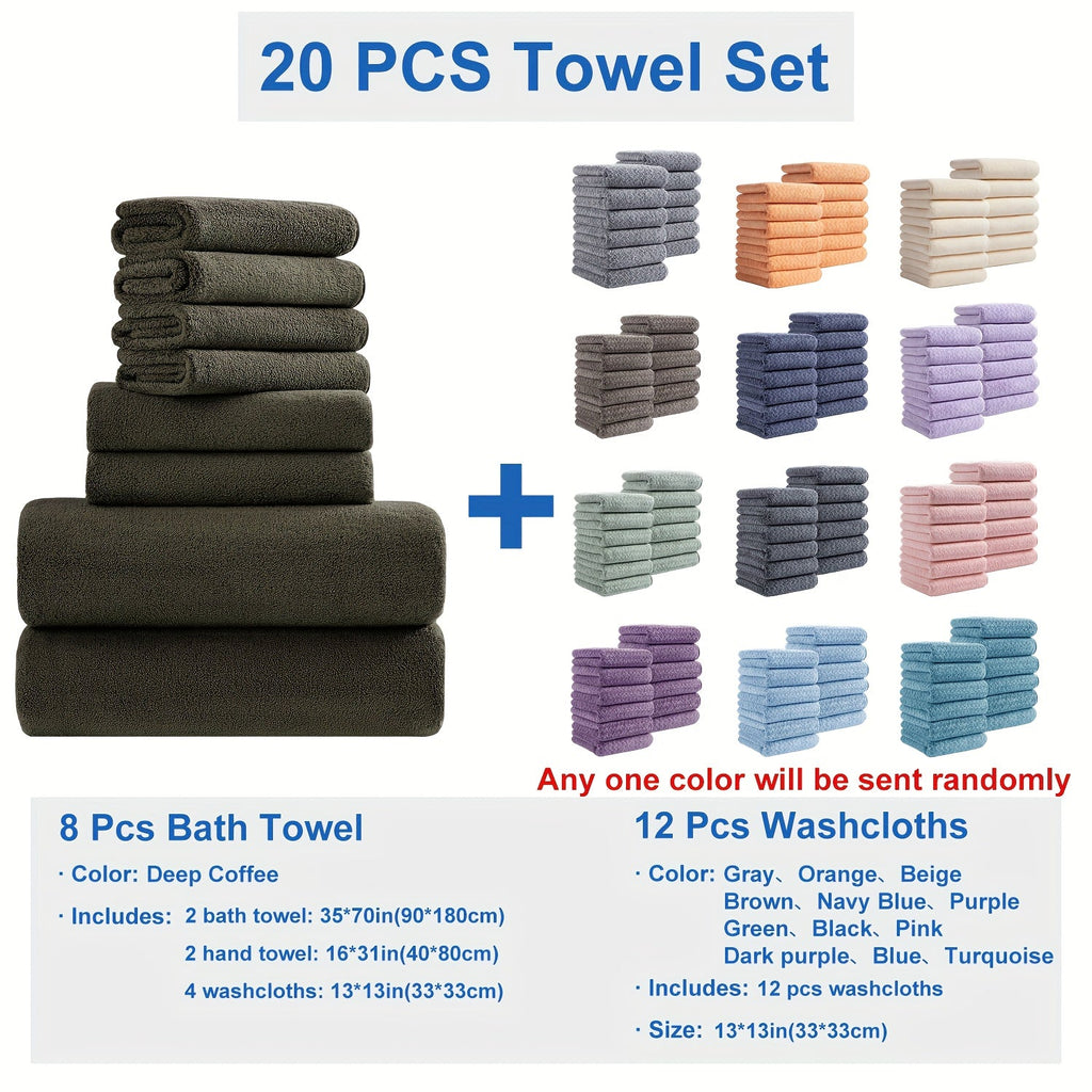 Bath Towel Set 20 Piece 100% Microfiber Absorbent Quick Dry Soft Extra Large Bath Sheets 8 Bath Towels 12 Washcloths Home Bathroom Spa Gift White Beige Gray Blue Green Purple