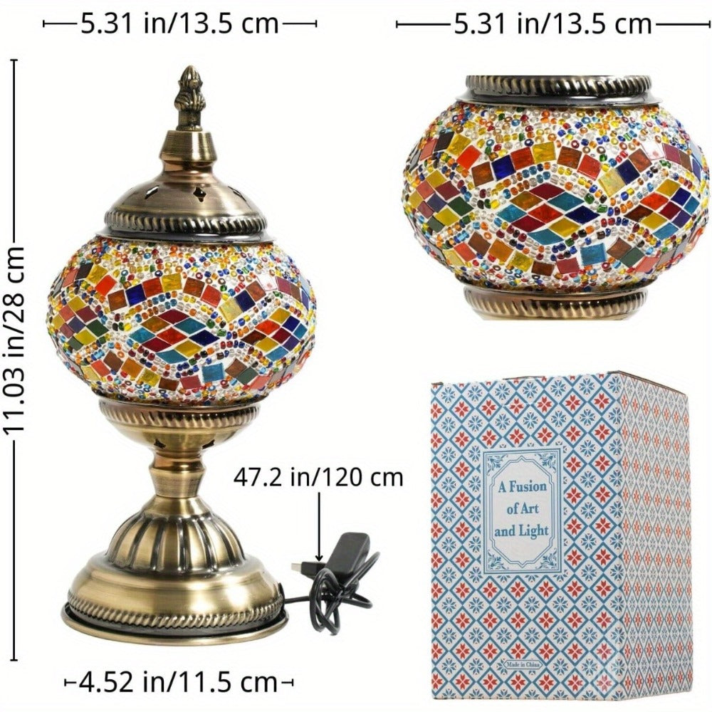 Mosaic Table Lamp Handcrafted Turkish Glass Bedside Lamp 3-Color Dimmable with Metal Base Bulb Included