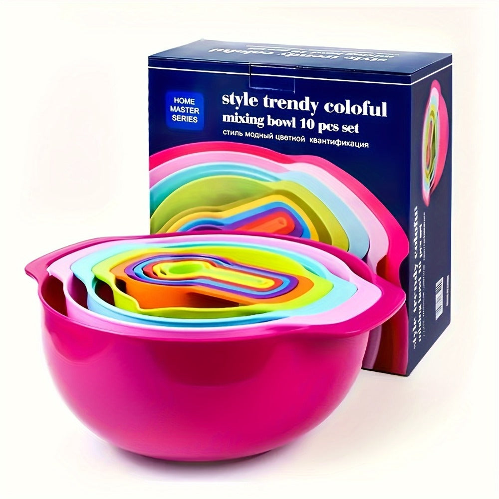Mixing Bowl Set with Measuring Cups and Spoons, 10pcs Colorful Nesting Salad Bowls with Colander & Sifter, Plastic Baking Measurement Utensil Kit, Kitchen Measuring Tools for Baking Cooking & Meal Prep