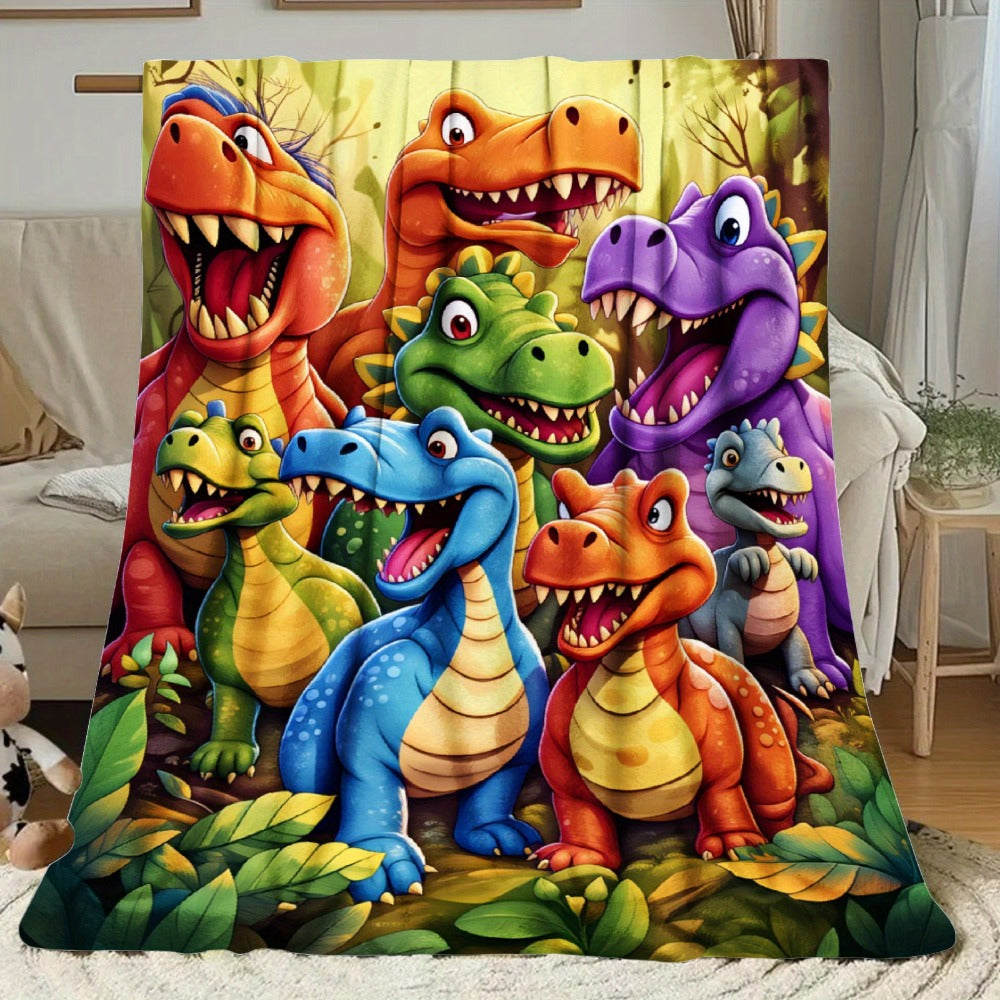 Dinosaur Print Flannel Throw Blanket ¨C 250-300gsm Soft Lightweight Cartoon Dino Blanket for Kids, Couch, Bed & Travel, 5 Sizes