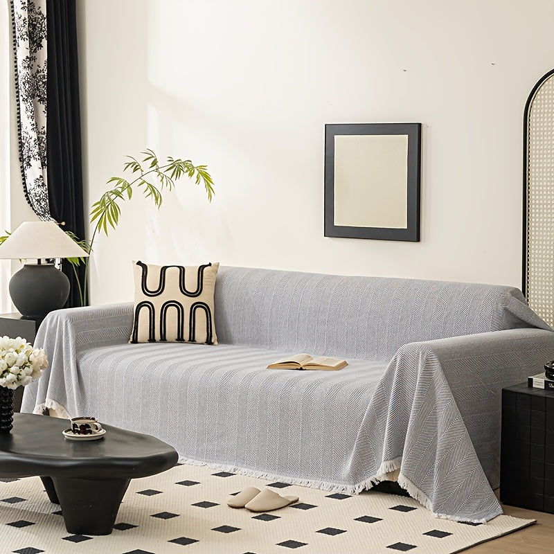 Herringbone Sofa Throw Cover with Tassels Jacquard Woven Solid Color Washable Polyester Sofa Blanket Slipcover for 3 4 Seater Couch Living Room - Grey Coffee Green Blue