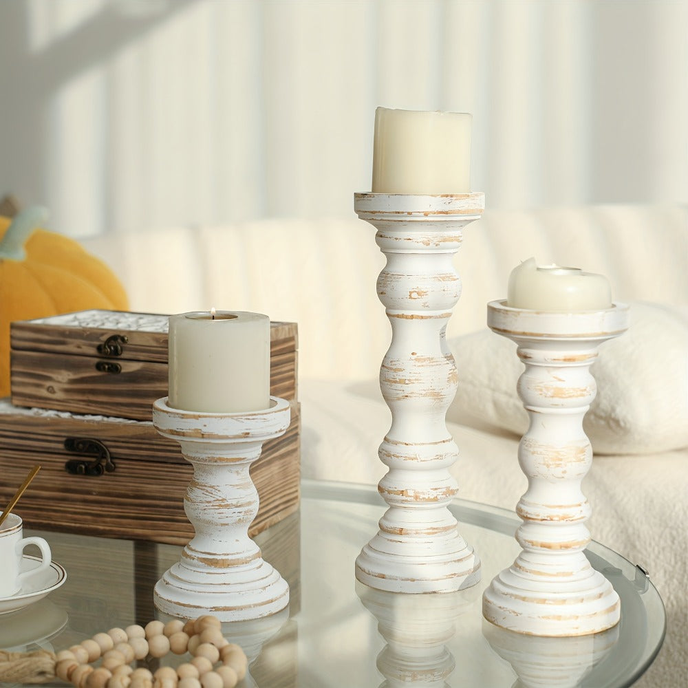 Wood Pillar Candle Holder Set of 3 - Farmhouse Rustic Wooden Candlestick Holders for Pillar Candles, Tiered Tray Decor, Table Centerpiece, Mantel Shelf Home Decor, White Black Brown