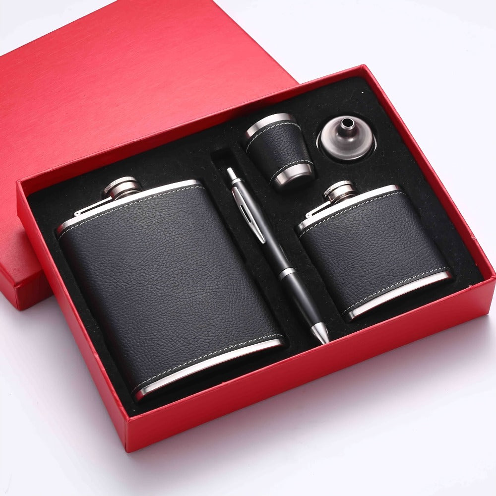 Stainless Steel Whiskey Flask Gift Set with Cup Filter & PU Leather Cover ¨C 8.1oz + 3oz Dual Bottle Bar Gift for Men