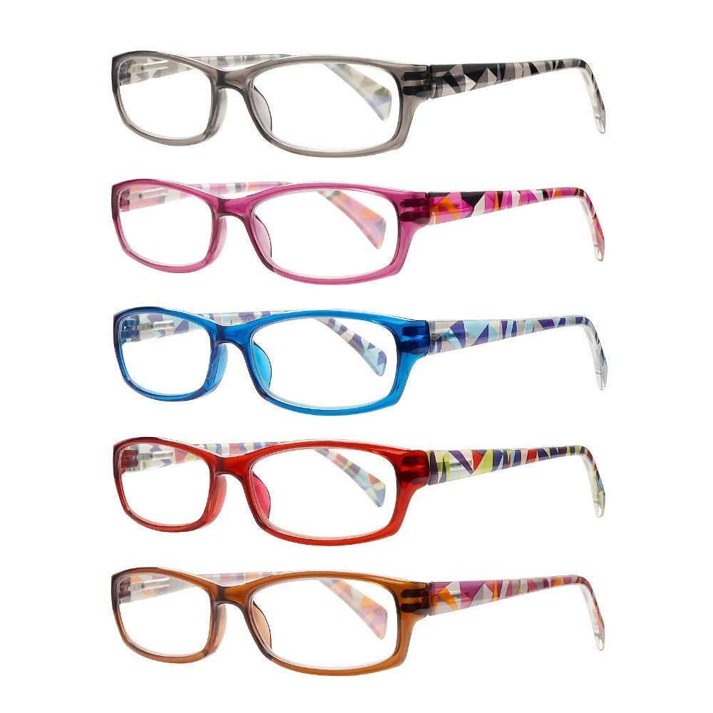 Reading Glasses 5 Pack for Women and Men Blue Light Blocking Readers Rectangular Spring Hinge Frame Anti Eyestrain Computer Reading Glasses Lightweight Fashionable Multi-Color Set Magnification 1.0 to 4.0
