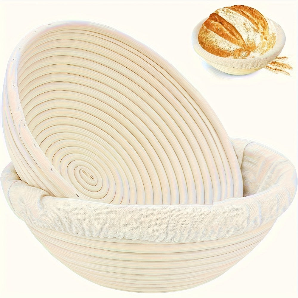 Bread Proofing Basket Set 2pcs 9 Inch Round Handmade Rattan with Liners Banneton Proofing Basket for Sourdough Artisan Bread Baking Home Baker