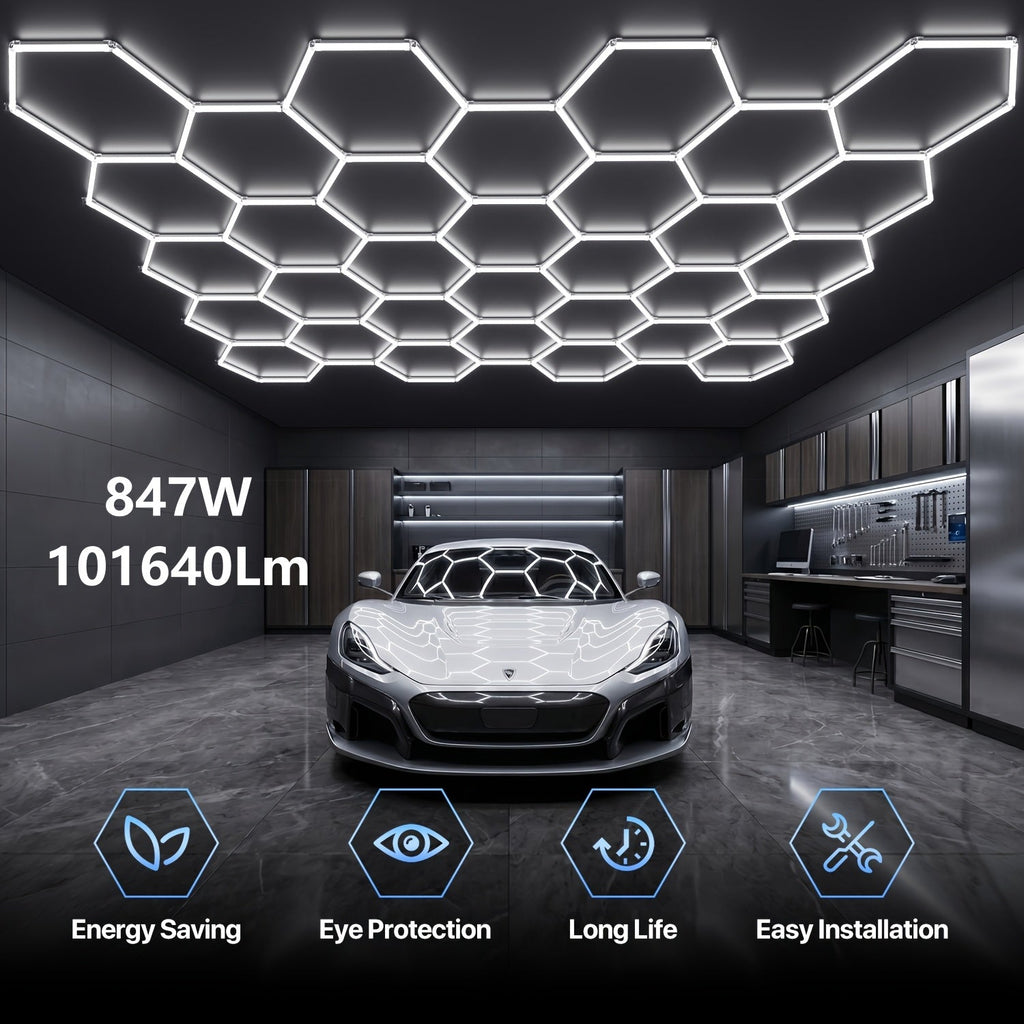 LED Hexagonal Garage Light 6500K ¨C Super Bright Daylight White Shop Light 42W¨C620W for Auto Detailing, Warehouse, Workshop, Basement & Gym (1 to 32 Grids, Hex Frame Available)