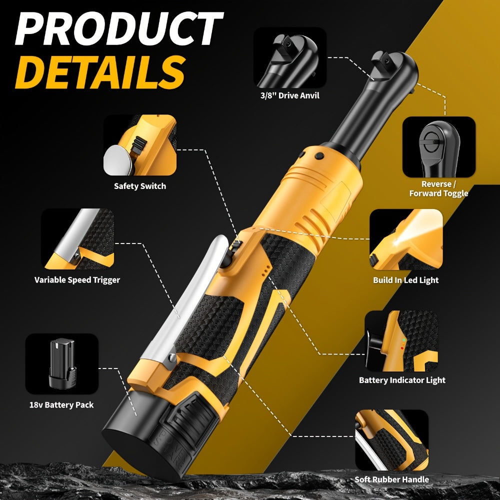 Cordless Electric Ratchet Wrench Set 3/8 inch Variable Speed Trigger Ergonomic Grip 9 Sockets Lithium-Ion Battery Powered for Car Repair Automotive Maintenance Home DIY Yellow 1 or 2 Battery Pack