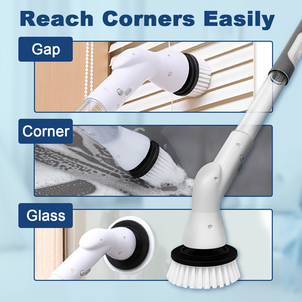 Electric Spin Scrubber Cordless Rechargeable - Adjustable Handle with 6 Brush Heads, All-Purpose Power Scrubber for Bathroom, Kitchen, Tile, Shower, Tub & Car, Time-Saving Cleaning Tool, White