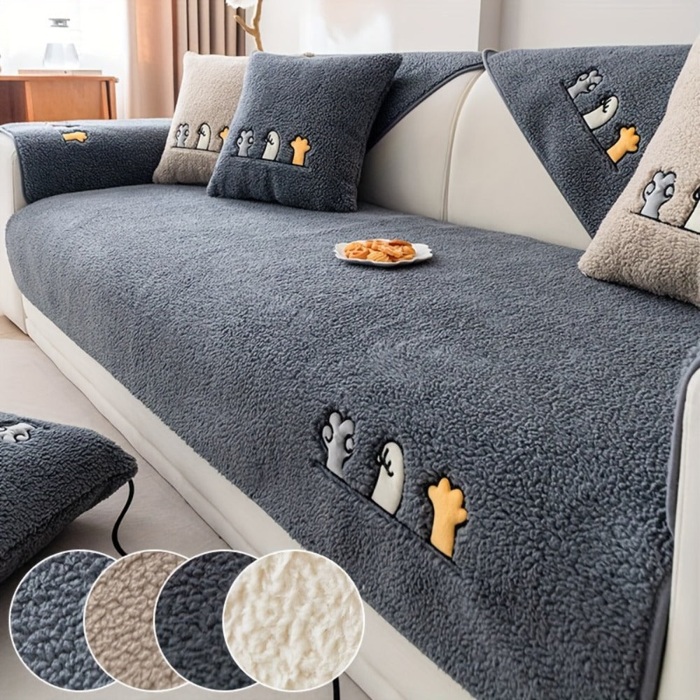 Plush Shearling Sofa Cover Non-Slip Pet-Friendly Couch Protector Animal Bone Embroidery Soft Warm for Living Room Bedroom Office 2 3 4 Seater