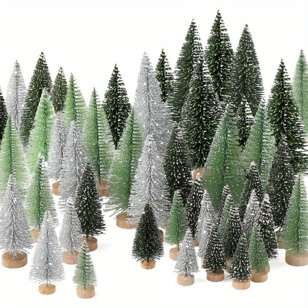Mini Artificial Christmas Trees Set of 15, Bottle Brush Tabletop Trees with Wooden Base & Snowflake Sprinkles ¡ª Bendable Non-Lit Holiday Centerpieces for Christmas, Halloween & Thanksgiving Decor