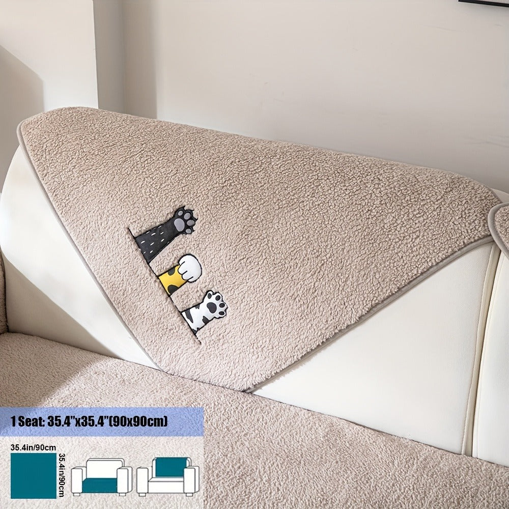 Sherpa Sofa Cover Cat Paw Embroidered Thick Plush Couch Slipcover Non-Slip Seat Cushion Protector Pet-Friendly Machine Washable Furniture Cover for Living Room Home Decor