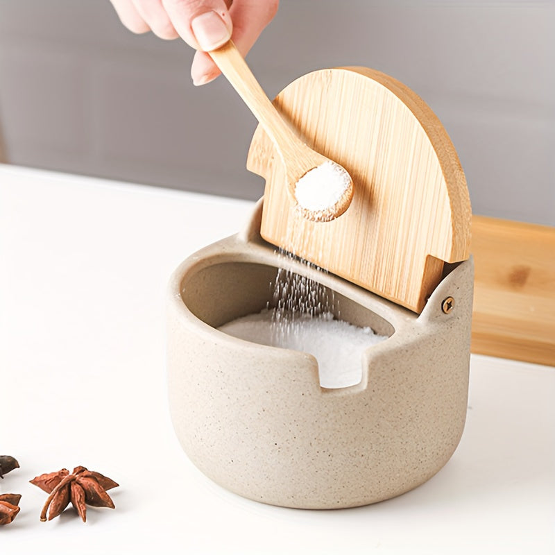 Ceramic Seasoning Pot Set with Lid & Spoon ¨C Salt Pepper Spice Jar Container with Tray Kitchen Condiment Storage Organizer for Counter Cooking Accessories Housewarming Gift