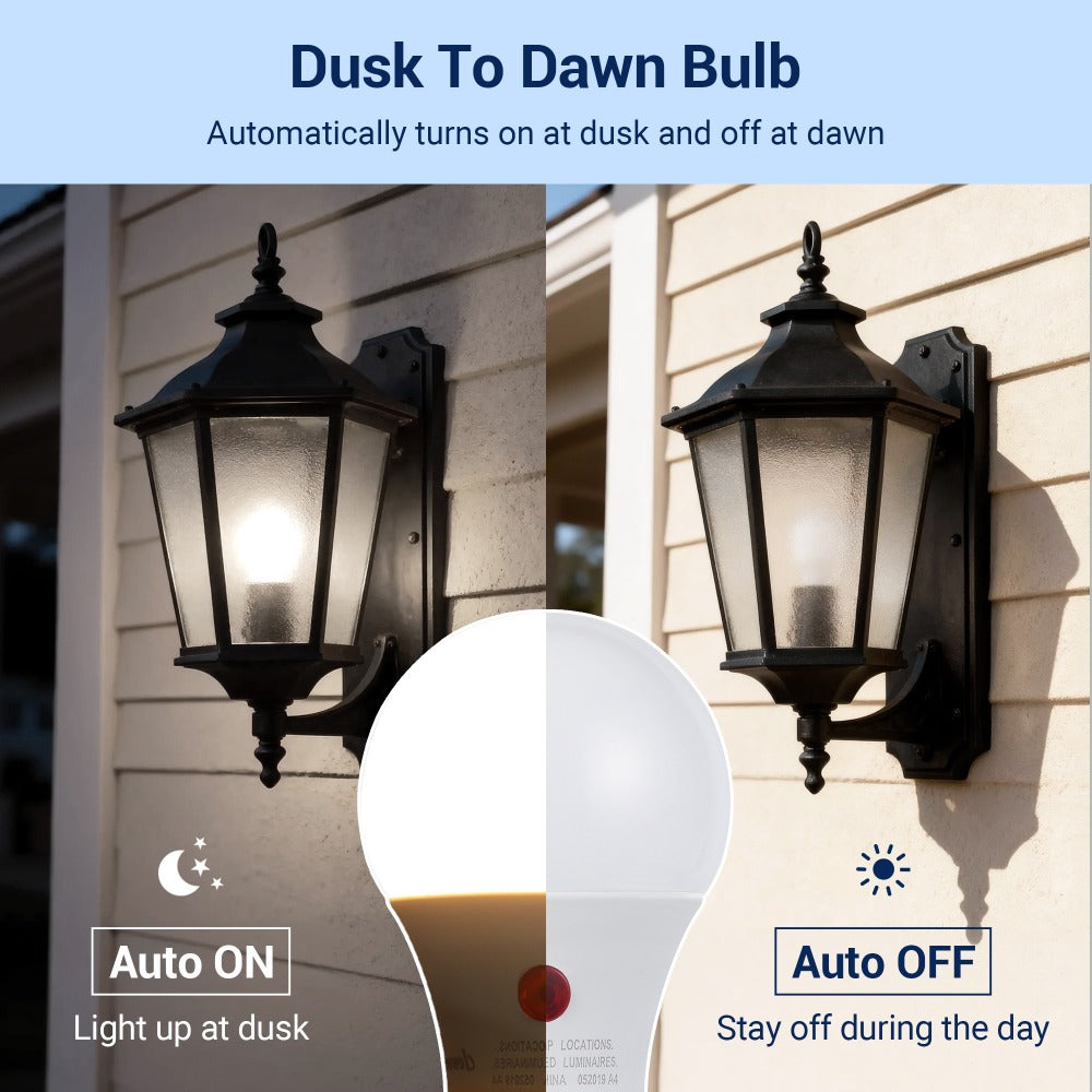 Dusk to Dawn Light Bulbs, A19 E26 Auto On Off Photocell Sensor LED Bulb 9W 60W Equivalent, 5000K Daylight / 2700K Soft White / 2000K Amber Bug Repelling, 800LM Non-Dimmable for Porch Garage Outdoor Indoor