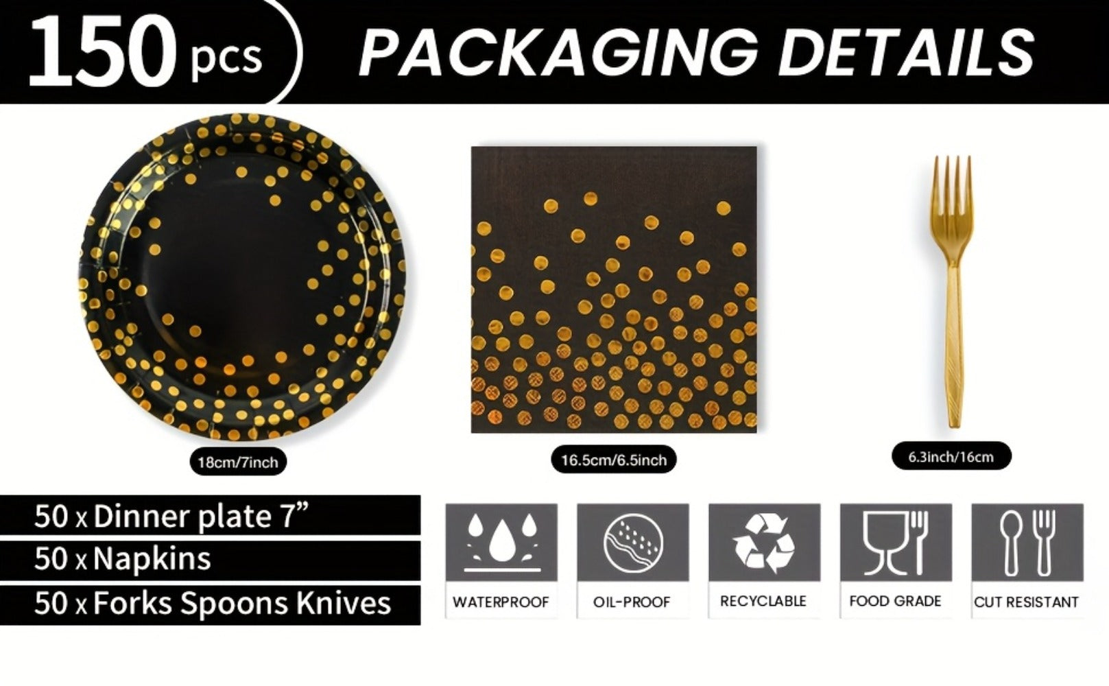 Disposable Party Supplies Set 150 Piece Black and Gold - Paper Plates, Napkins & Forks for 50 Guests, Elegant Tableware for Birthday, Wedding, Graduation & Holiday Celebrations